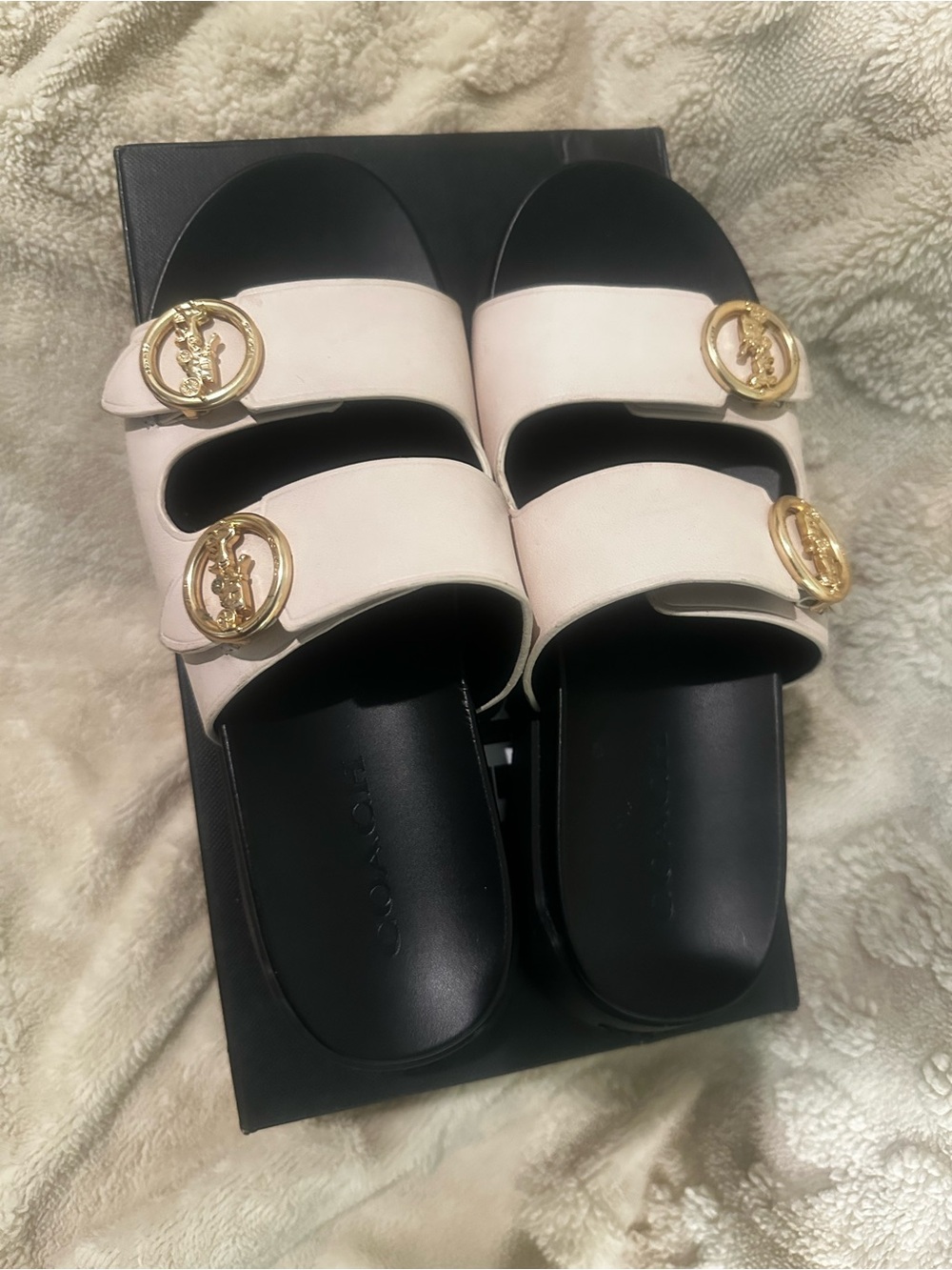 Coach White Double-Strap Slide Sandals with Gold Horsebit Emblems